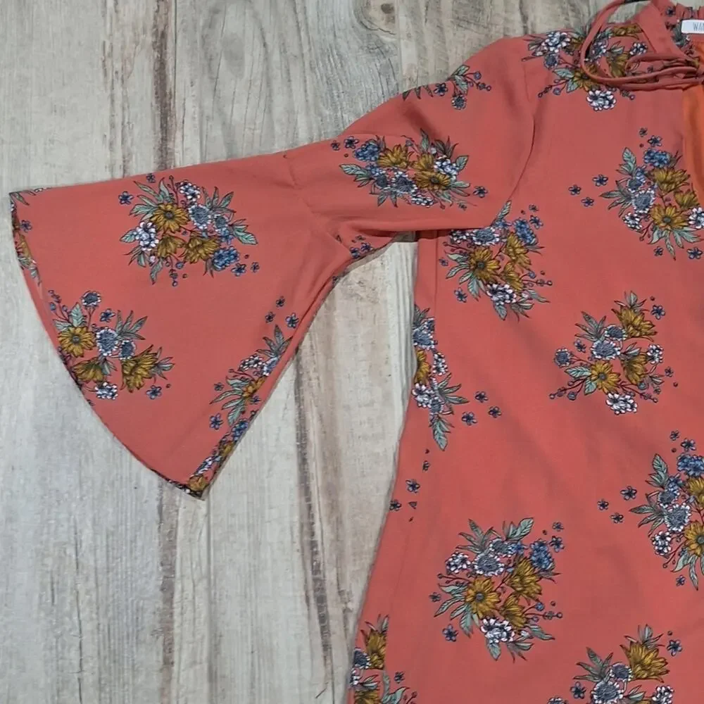 Wanderlux Floral Print Bohemiam Bell Sleeve Mini Dress Sz L #1498